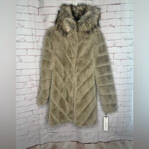 Calvin Klein Faux Fur Hooded Coat Size S NWT Luxe Neutral Winter Glam